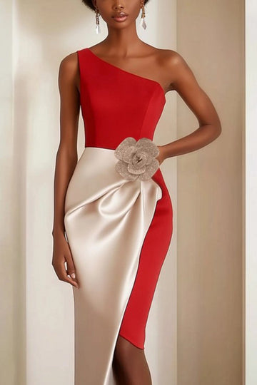 Red One Shoulder Sheath Gala Dress With 3D Flower